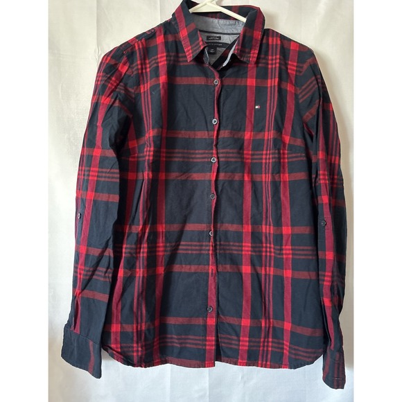 Tommy Hilfiger Tops - Tommy Hilfiger Women's Blue Red Plaid Flannel Roll Sleeve Cotton Shirt Size S/P